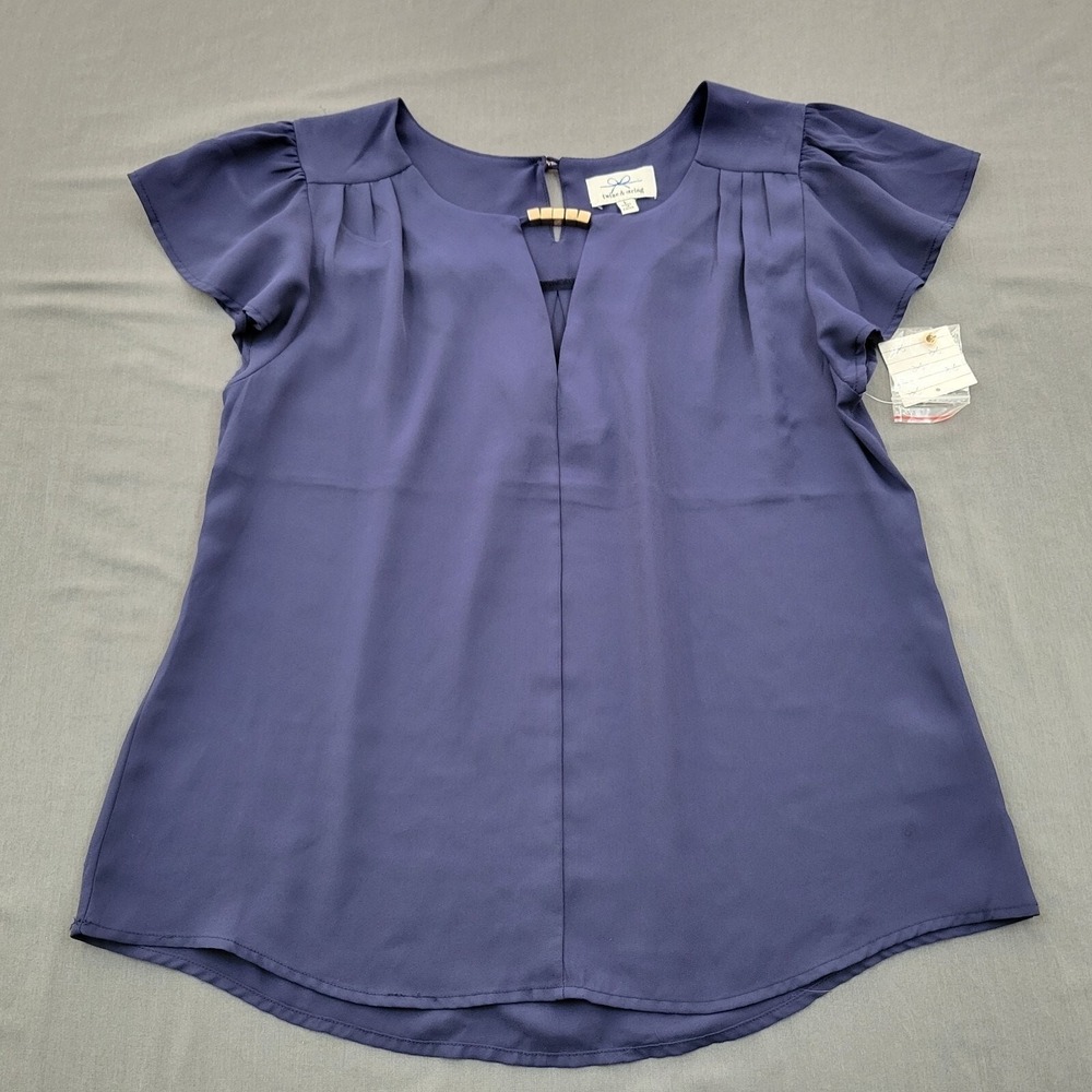 Twine & String Navy Blue Flutter Sleeve V-Neck Blouse Top Large  NWT